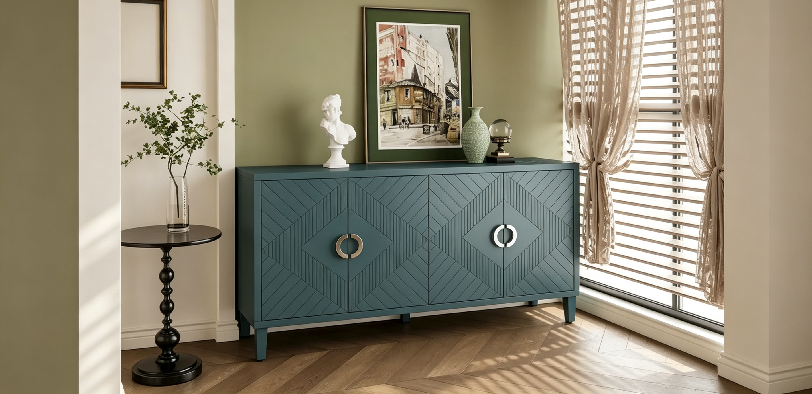 Meuble de rangement 4 portes avec pieds en pin et MDF