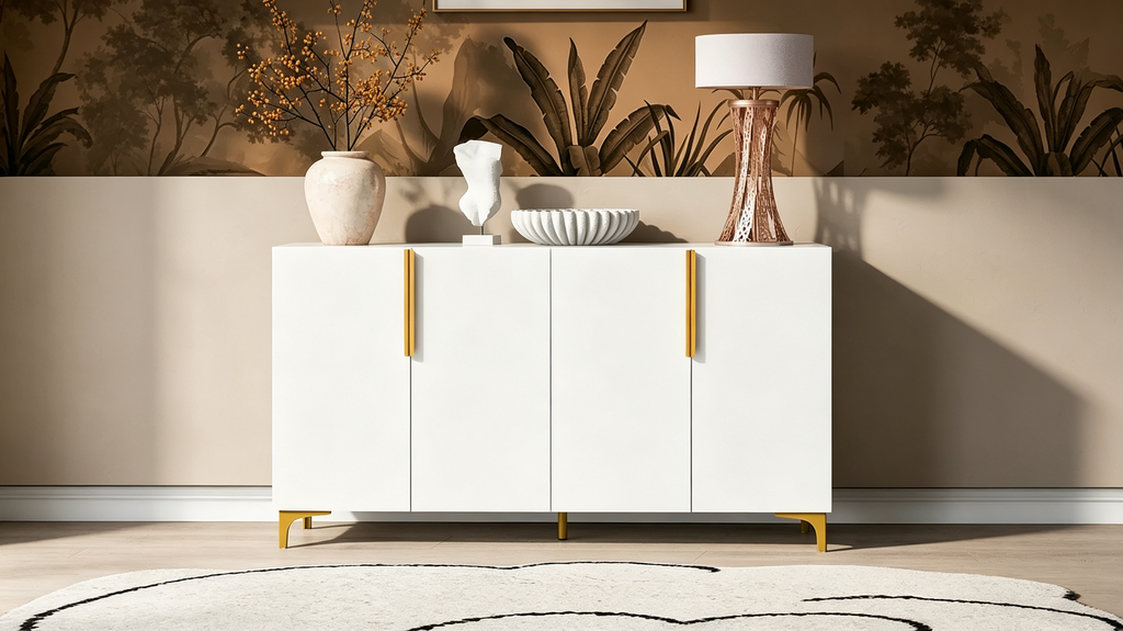 Buffet bas de rangement de 55 pouces avec étagères réglables, finition brillante