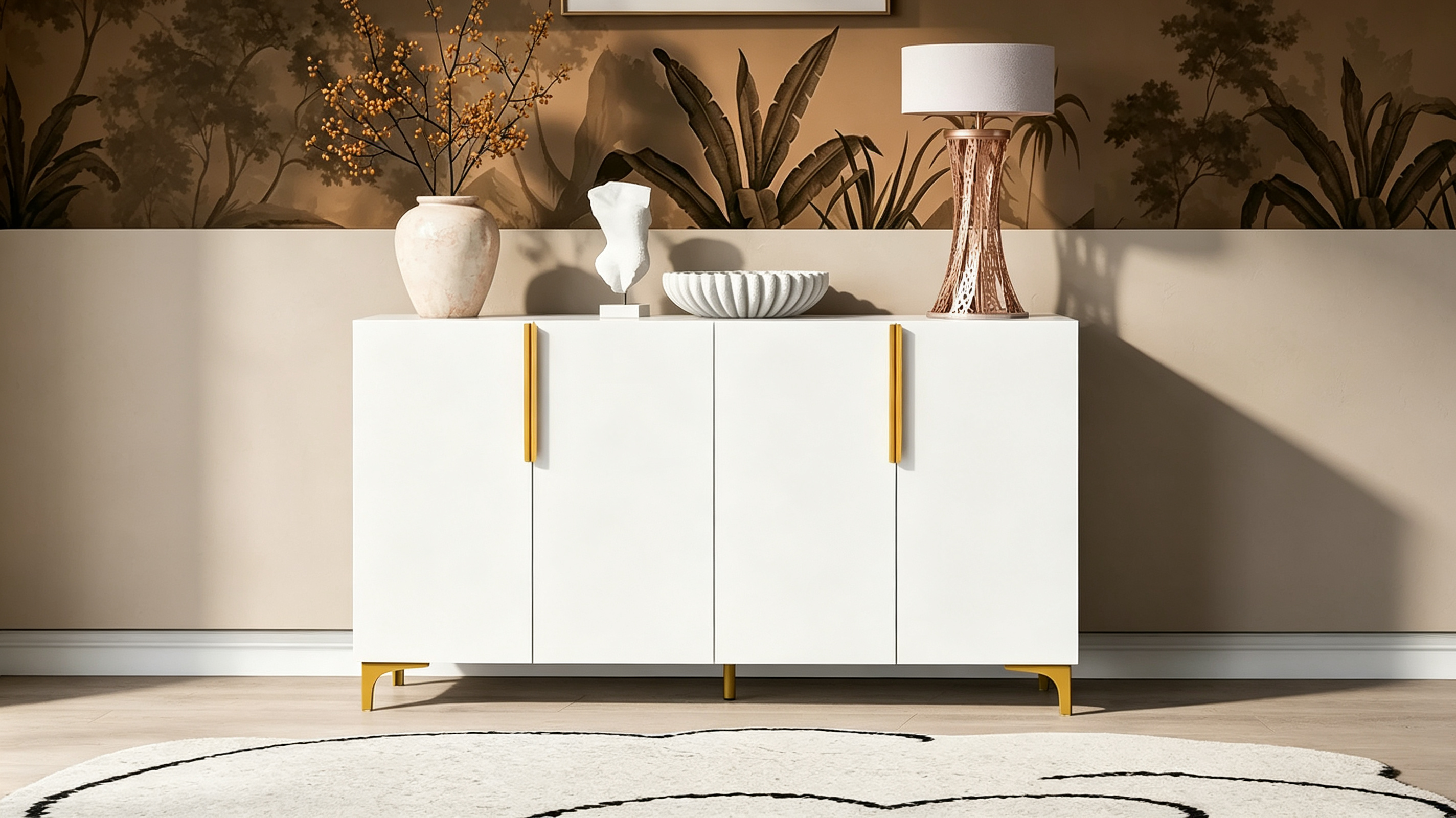 Buffet bas de rangement de 55 pouces avec étagères réglables, finition brillante