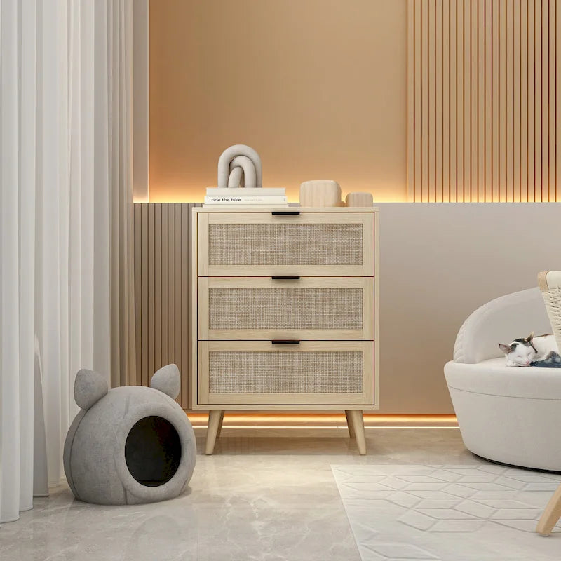 Commode 3 tiroirs en rotin pour chambre à coucher ou salon