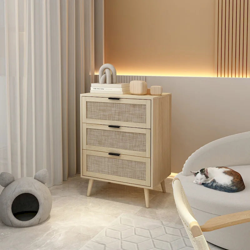 Commode 3 tiroirs en rotin pour chambre à coucher ou salon