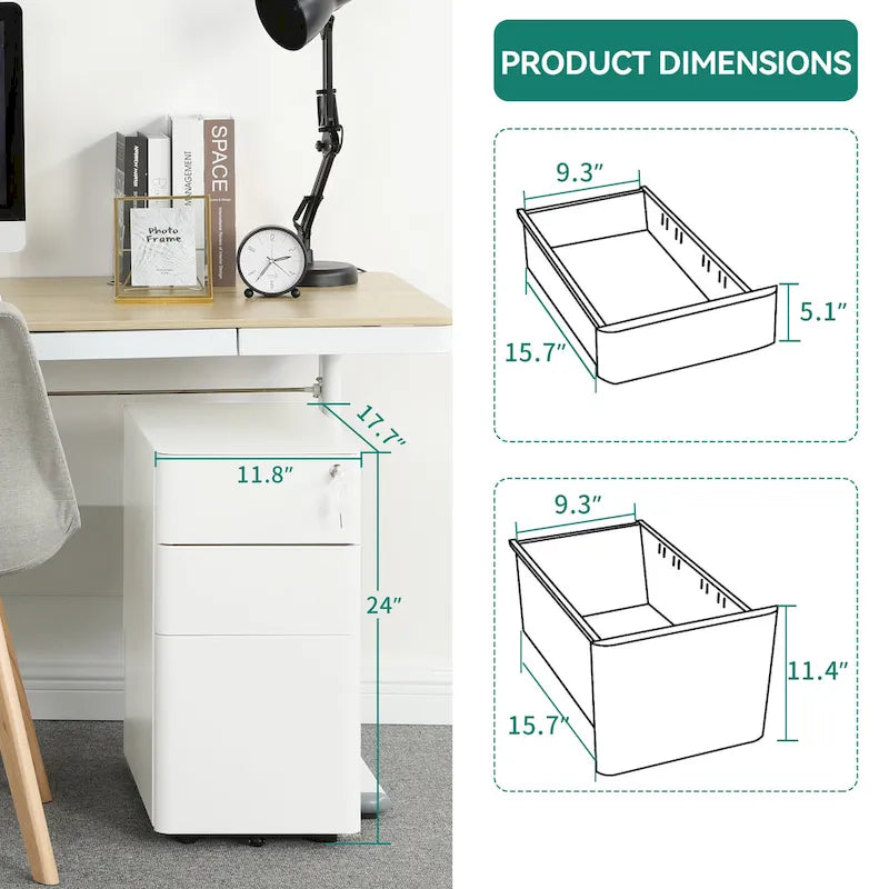 Classeur à Roulettes en Acier Verrouillable Trois Tiroirs Blanc Noir