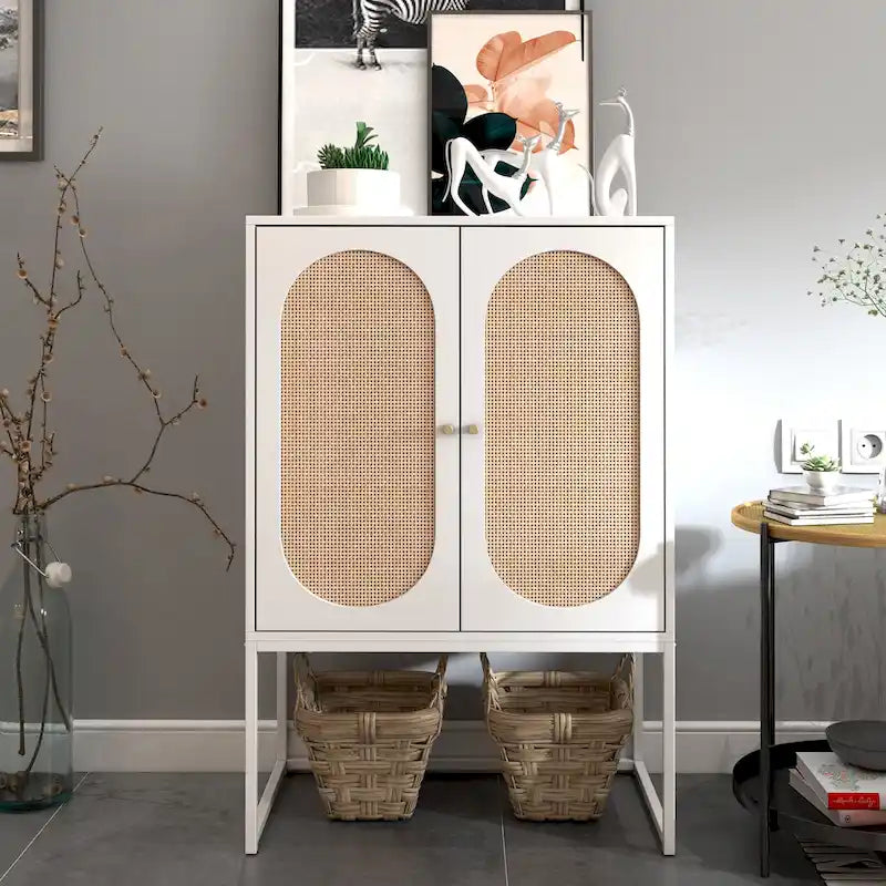 Armoire de rangement avec porte en rotin, étagère réglable, blanc, noyer, noir, marron