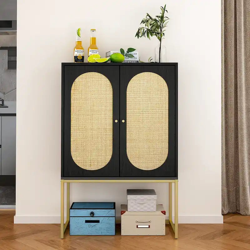 Armoire de rangement avec porte en rotin, étagère réglable, blanc, noyer, noir, marron