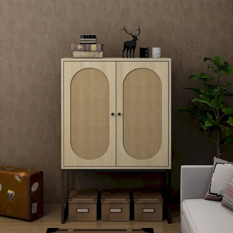 Armoire de rangement avec porte en rotin, étagère réglable, blanc, noyer, noir, marron