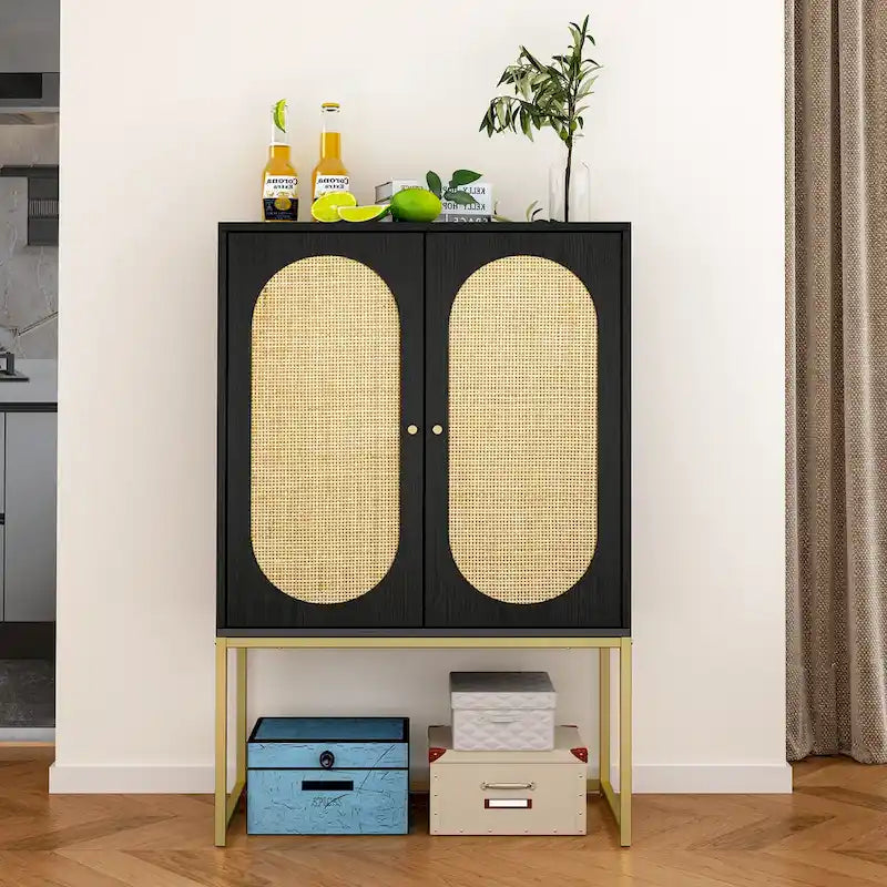 Rattan Decor Home Office Storage Cabinet, 2-Door Accent Cabinet with Adjustable Shelf - N/A