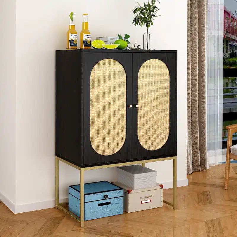 Armoire de rangement avec porte en rotin, étagère réglable, blanc, noyer, noir, marron