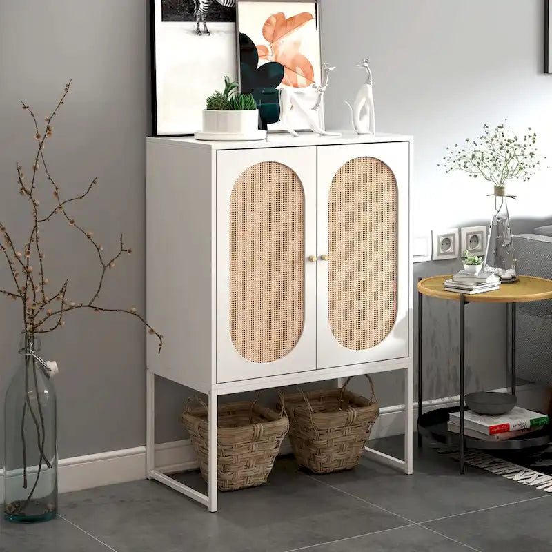 Armoire de rangement avec porte en rotin, étagère réglable, blanc, noyer, noir, marron