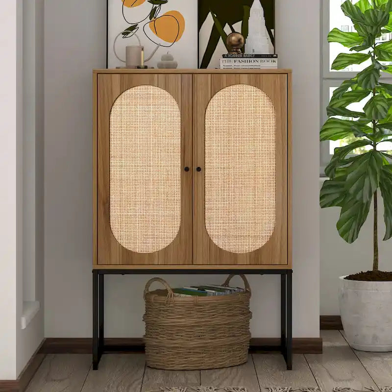 Armoire de rangement avec porte en rotin, étagère réglable, blanc, noyer, noir, marron