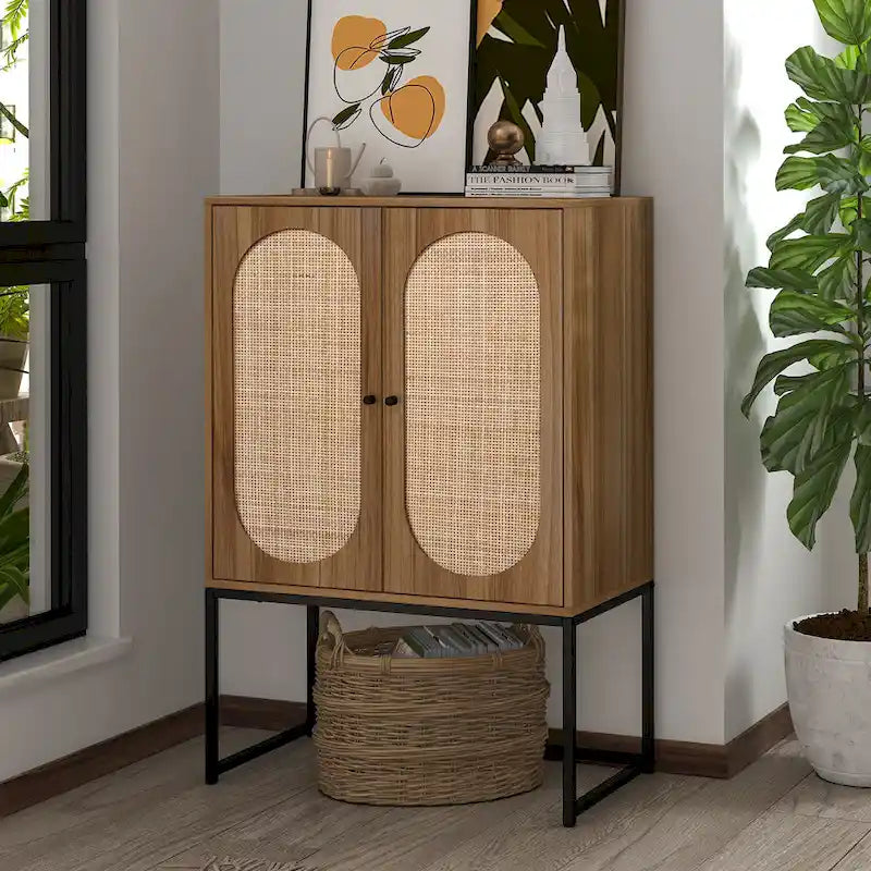 Armoire de rangement avec porte en rotin, étagère réglable, blanc, noyer, noir, marron