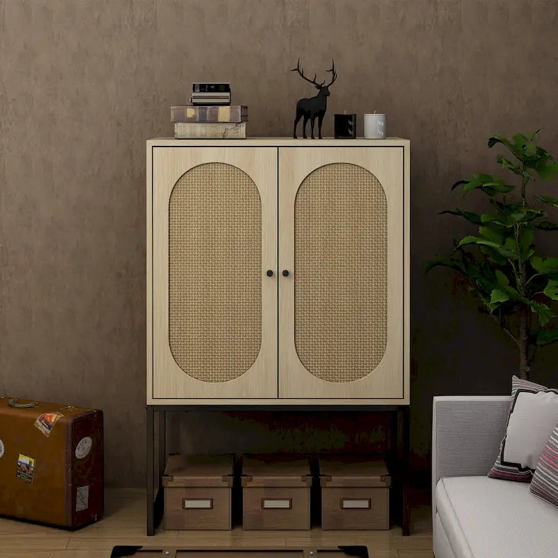 Armoire de rangement avec porte en rotin, étagère réglable, blanc, noyer, noir, marron
