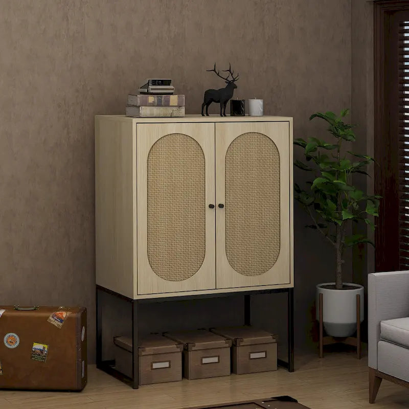 Armoire de rangement avec porte en rotin, étagère réglable, blanc, noyer, noir, marron