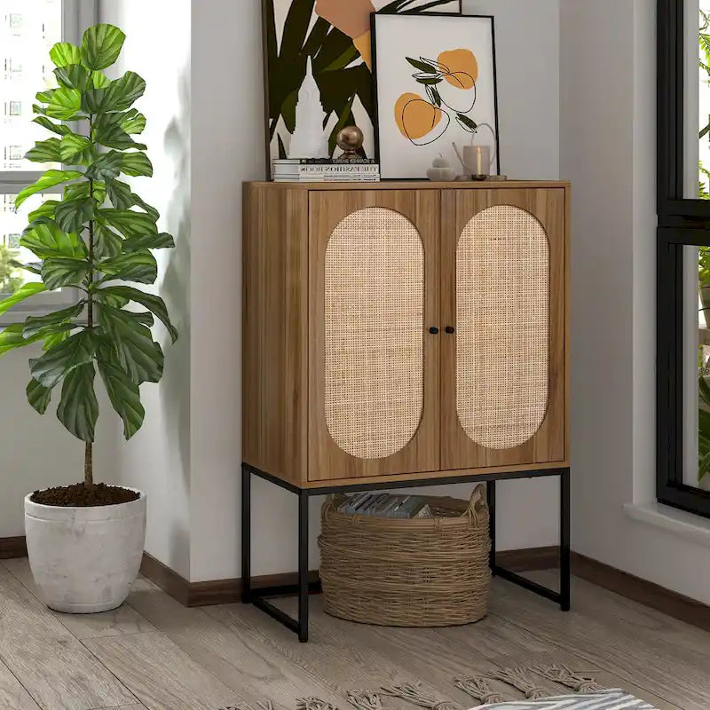 Armoire de rangement avec porte en rotin, étagère réglable, blanc, noyer, noir, marron