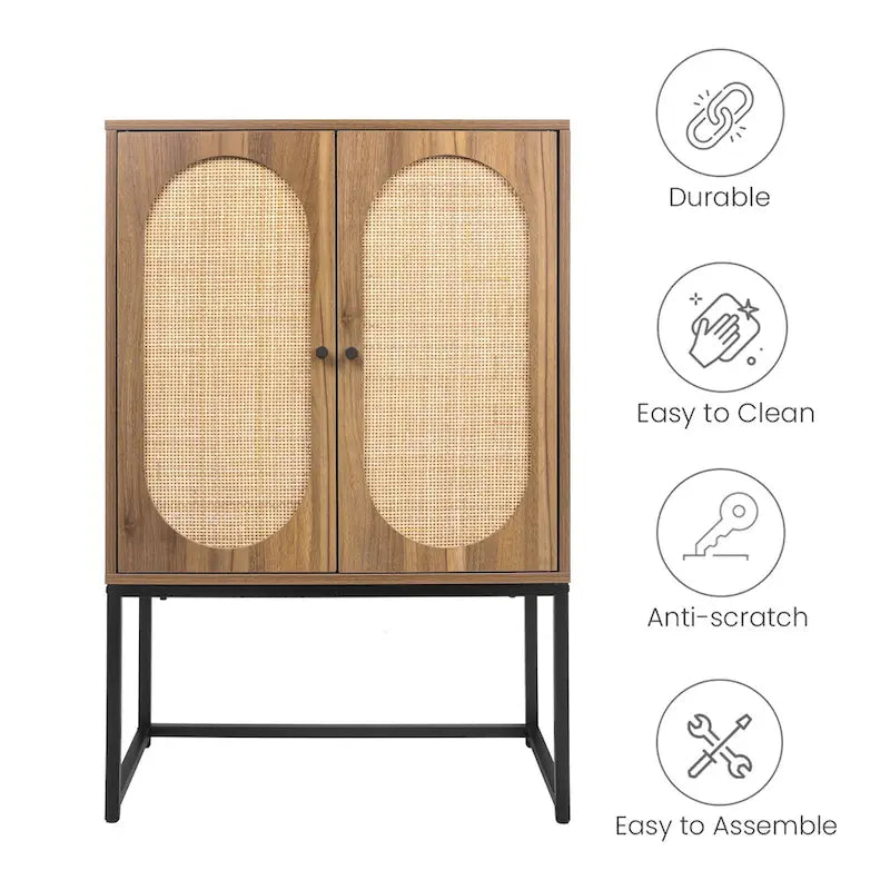 Armoire de rangement avec porte en rotin, étagère réglable, blanc, noyer, noir, marron