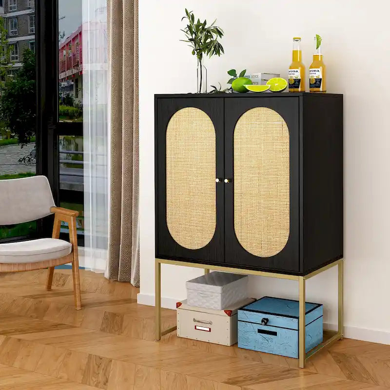 Armoire de rangement avec porte en rotin, étagère réglable, blanc, noyer, noir, marron