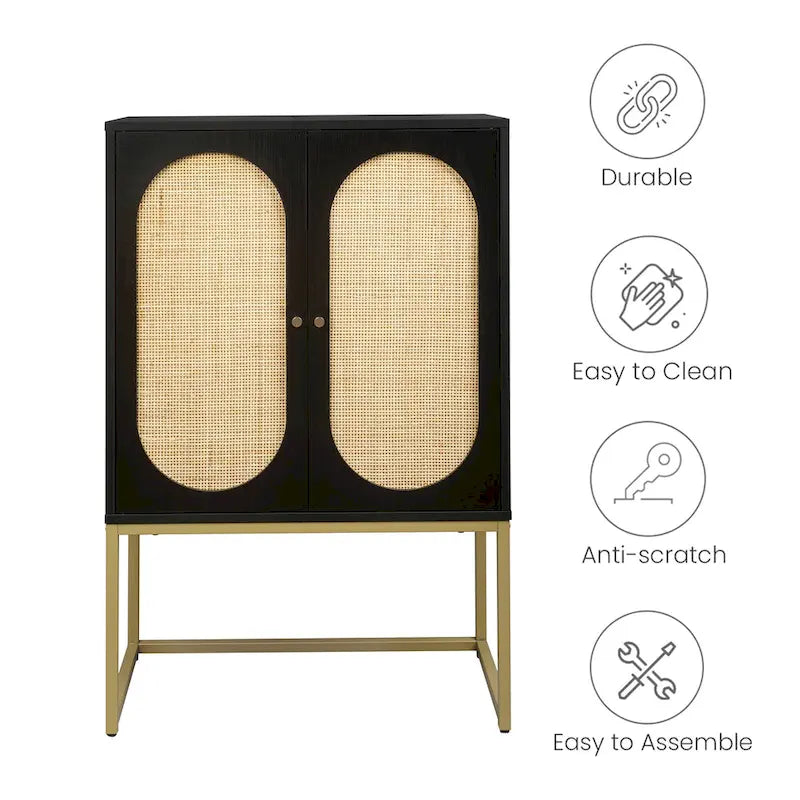 Armoire de rangement avec porte en rotin, étagère réglable, blanc, noyer, noir, marron