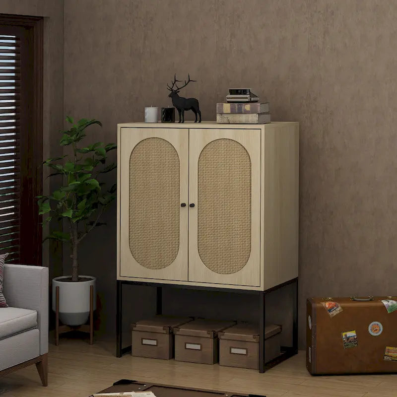 Armoire de rangement avec porte en rotin, étagère réglable, blanc, noyer, noir, marron