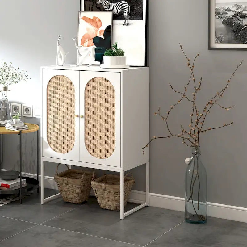 Armoire de rangement avec porte en rotin, étagère réglable, blanc, noyer, noir, marron