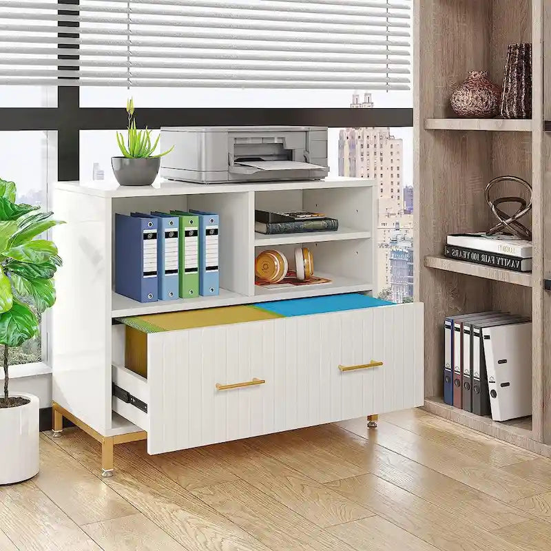 Meuble classeur latéral blanc et or avec tiroir et étagères de rangement ouvertes