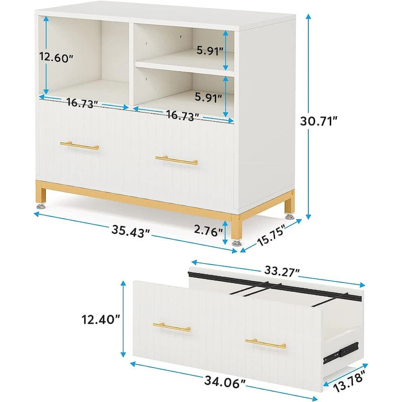 Meuble classeur latéral blanc et or avec tiroir et étagères de rangement ouvertes