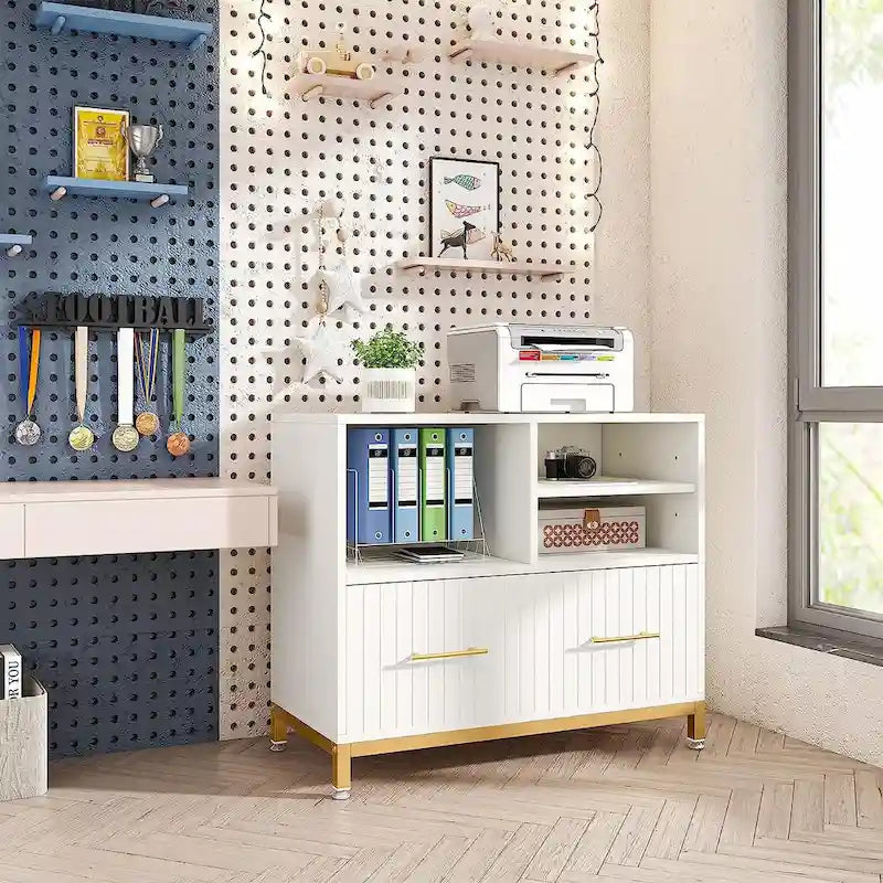 Meuble classeur latéral blanc et or avec tiroir et étagères de rangement ouvertes