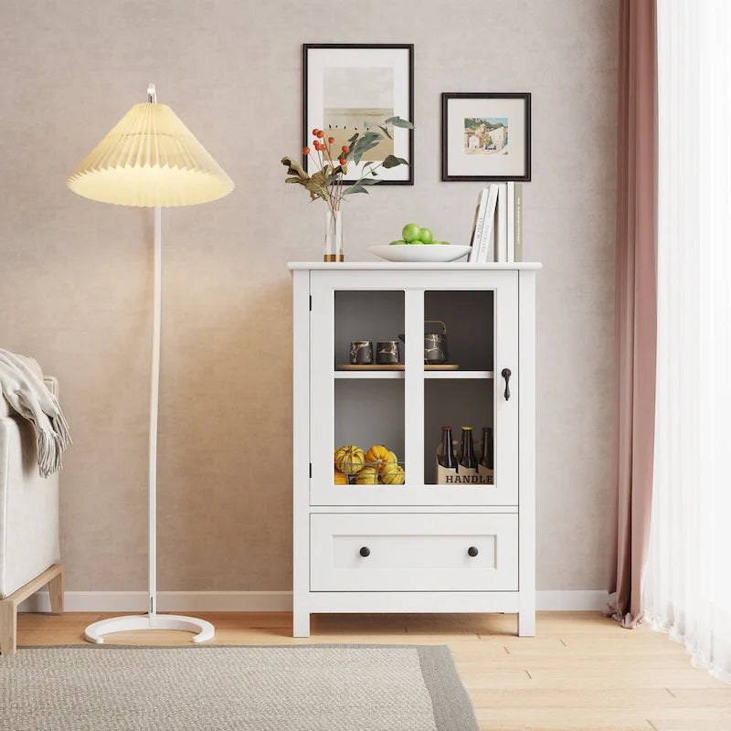 Buffet en bois avec portes vitrées, poignées Rétro Bell, couleur marron.