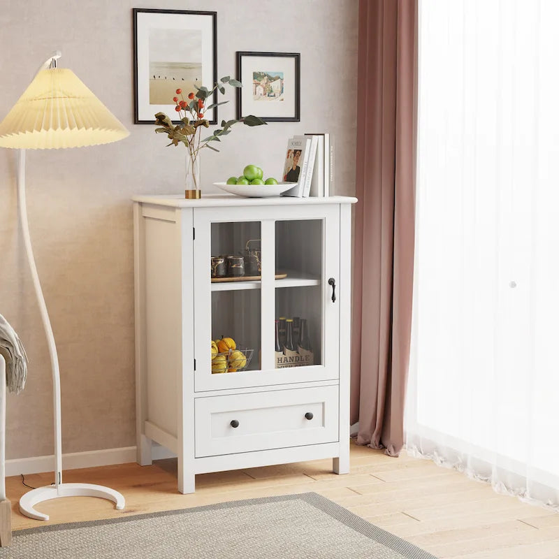 Buffet en bois avec portes vitrées, poignées Rétro Bell, couleur marron.