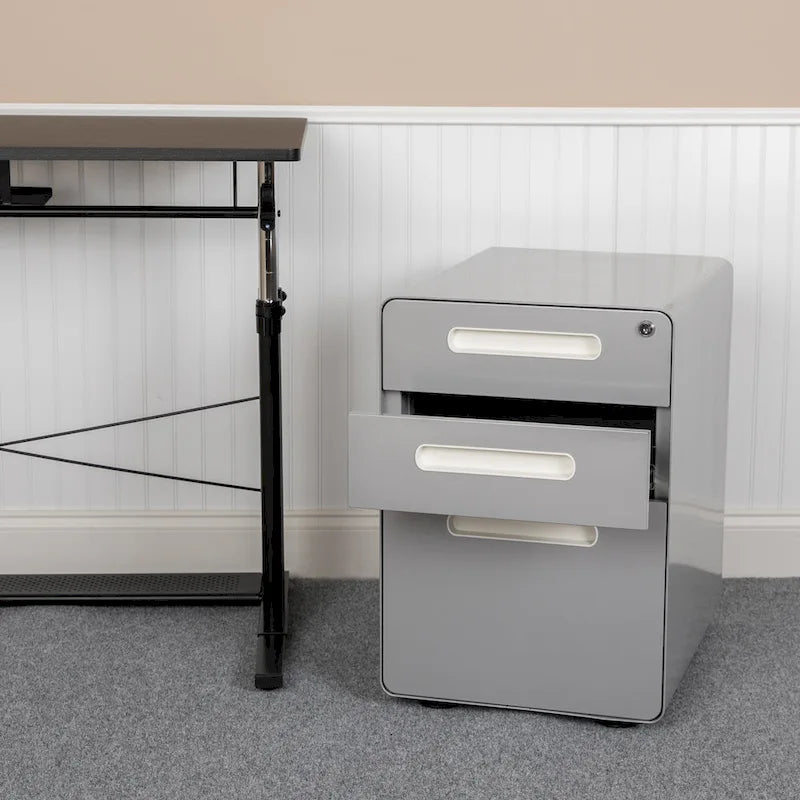 Classeur mobile à 3 tiroirs verrouillables avec roulettes Blanc Rouge