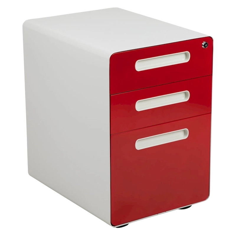 Classeur mobile à 3 tiroirs verrouillables avec roulettes Blanc Rouge