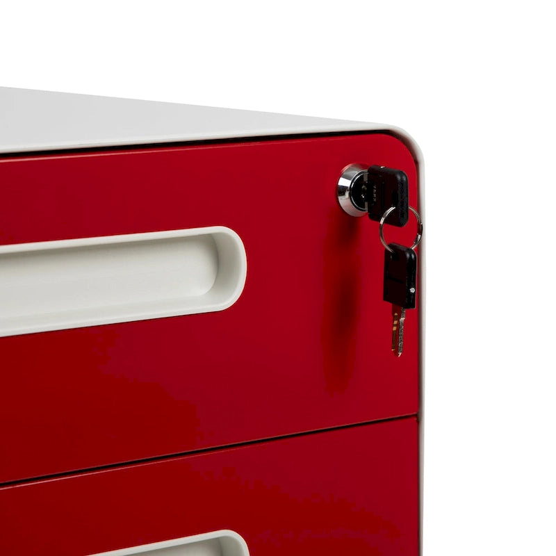 Classeur mobile à 3 tiroirs verrouillables avec roulettes Blanc Rouge