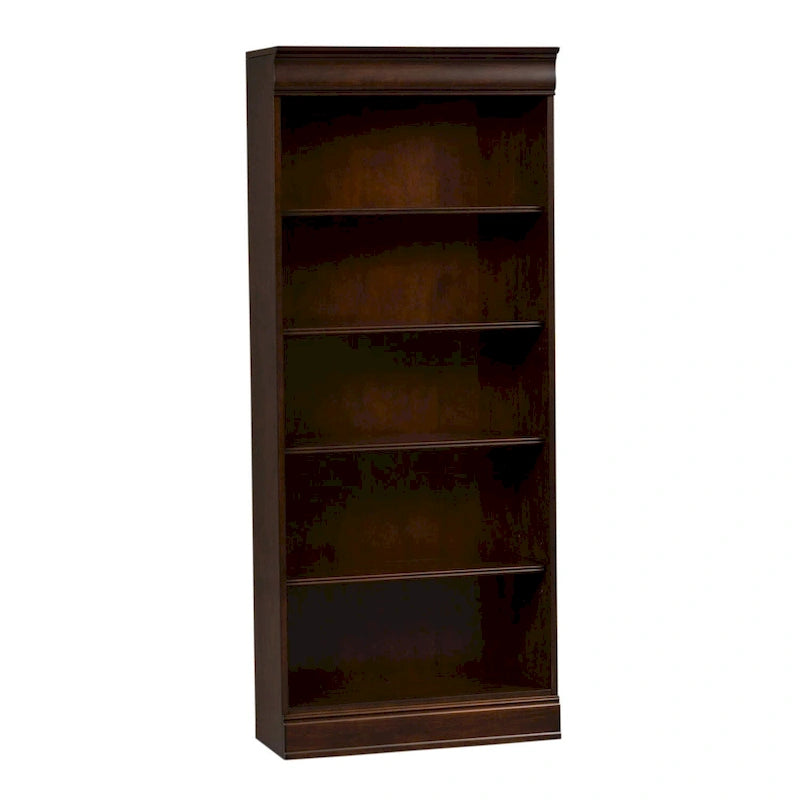 Bibliothèque haute couleur Cognac marron foncé à 5 étagères, unité de rangement et d'exposition en bois réglable