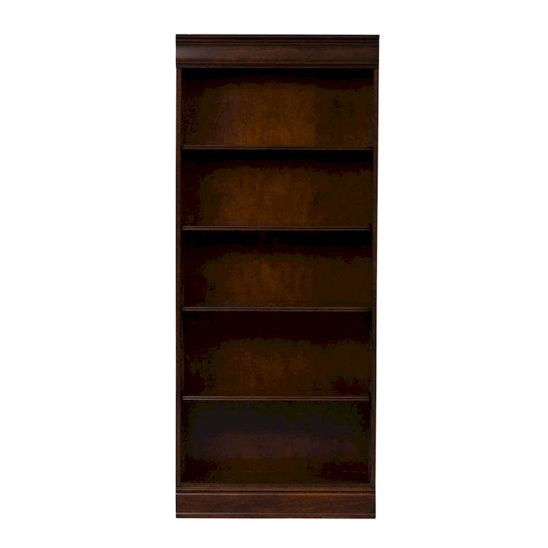 Bibliothèque haute couleur Cognac marron foncé à 5 étagères, unité de rangement et d'exposition en bois réglable