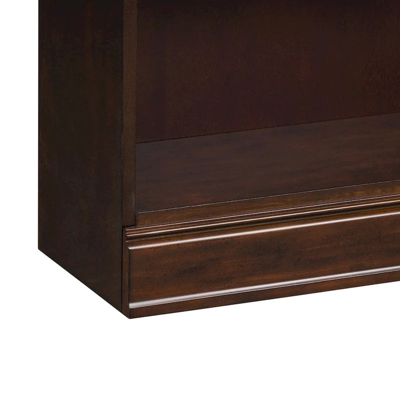 Bibliothèque haute couleur Cognac marron foncé à 5 étagères, unité de rangement et d'exposition en bois réglable