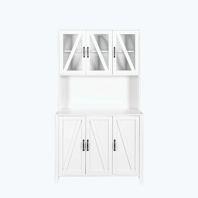 Grand garde-manger de cuisine avec portes vitrées, tiroirs et étagères ouvertes