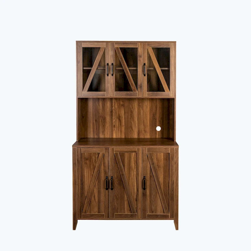 Grand garde-manger de cuisine avec portes vitrées, tiroirs et étagères ouvertes