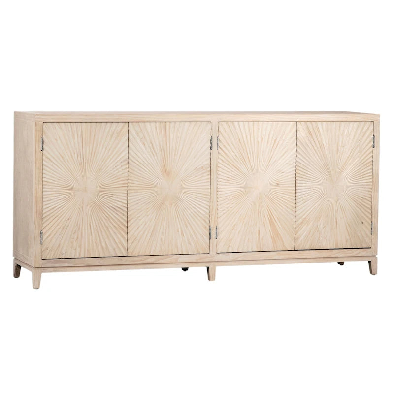 Buffet Isabelle à 4 portes avec façade à motif sculpté à la main, 200 cm, pin, délavé clair