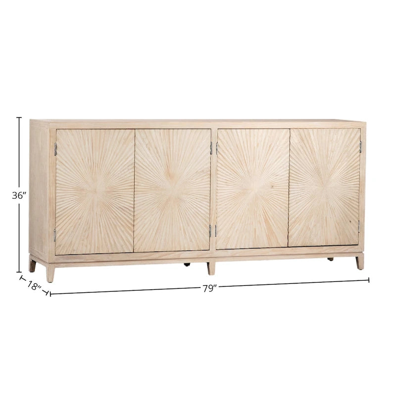 Buffet Isabelle à 4 portes avec façade à motif sculpté à la main, 200 cm, pin, délavé clair