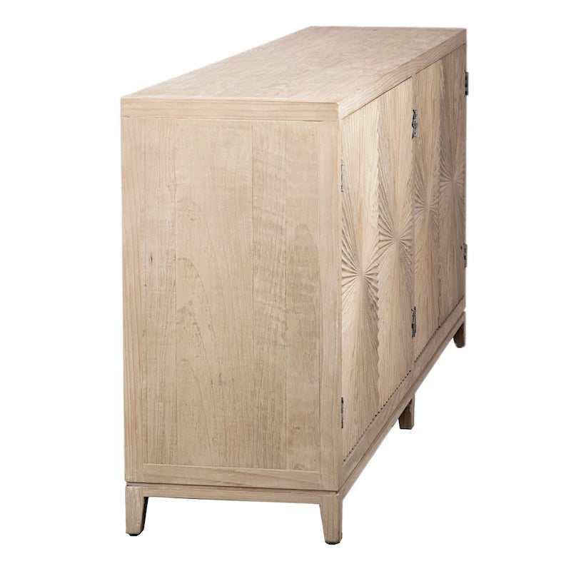 Buffet Isabelle à 4 portes avec façade à motif sculpté à la main, 200 cm, pin, délavé clair