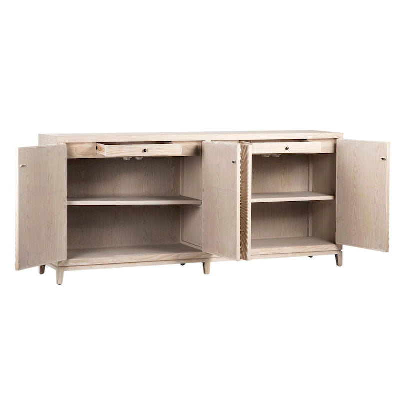 Buffet Isabelle à 4 portes avec façade à motif sculpté à la main, 200 cm, pin, délavé clair