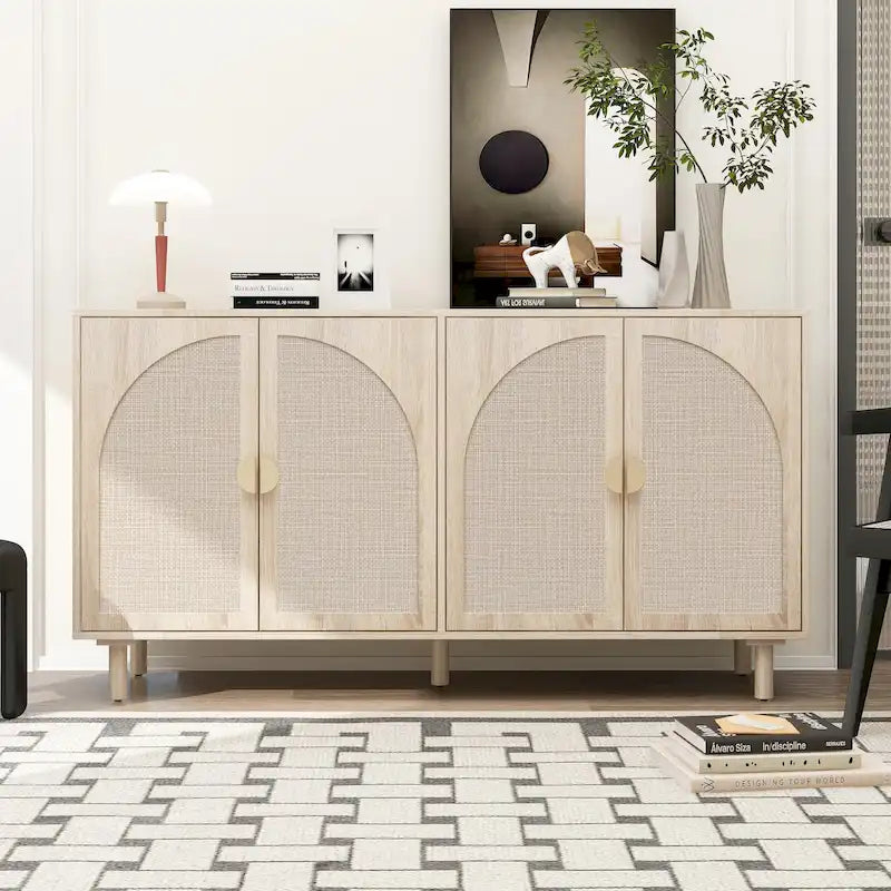 Armoire de rangement en rotin style bohème, pieds en pin naturel, étagères réglables, noir naturel