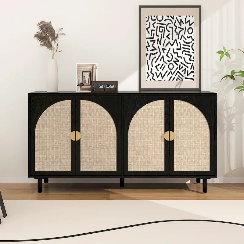 Armoire de rangement en rotin style bohème, pieds en pin naturel, étagères réglables, noir naturel