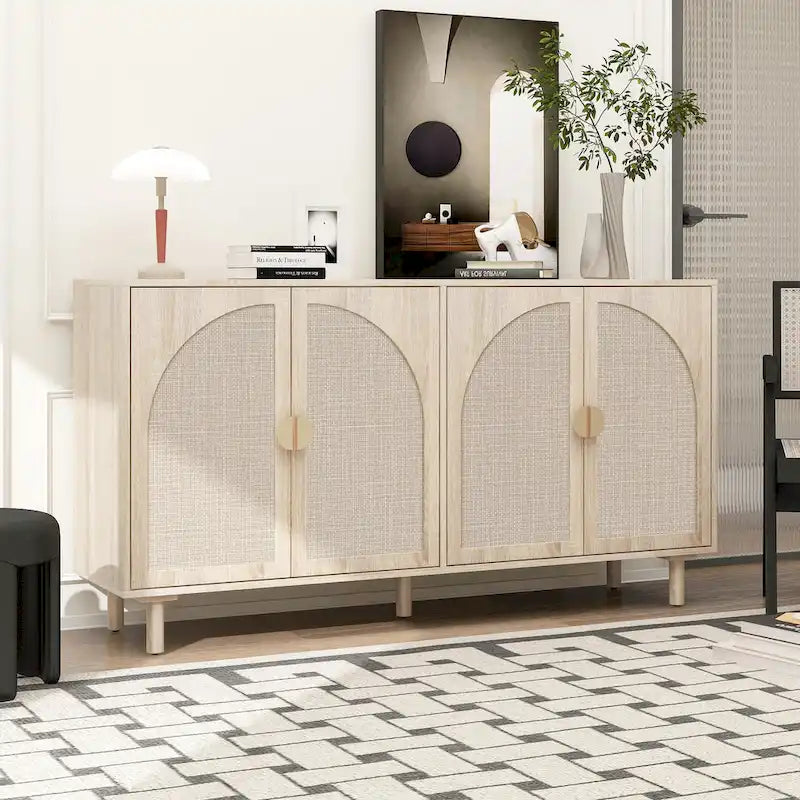Armoire de rangement en rotin style bohème, pieds en pin naturel, étagères réglables, noir naturel