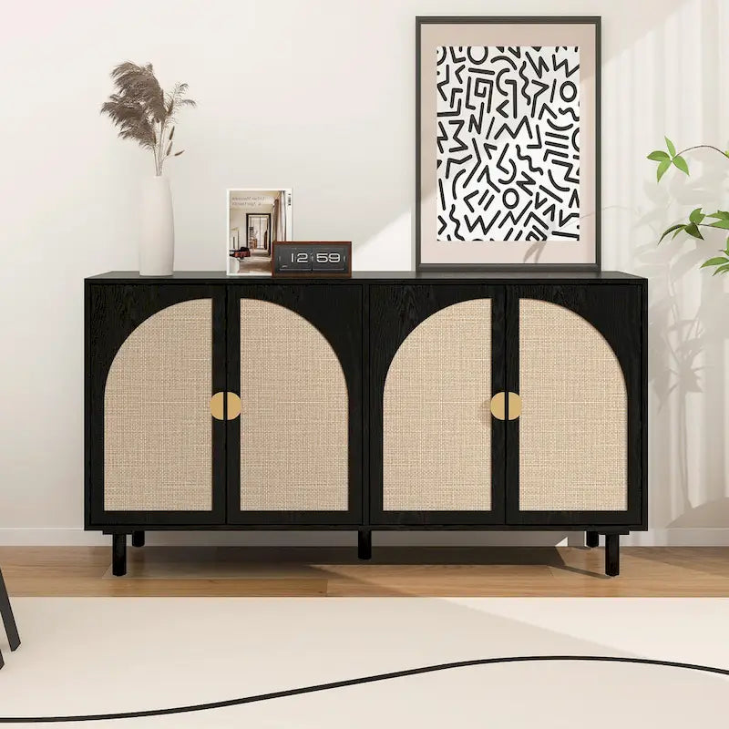 Armoire de rangement en rotin style bohème, pieds en pin naturel, étagères réglables, noir naturel