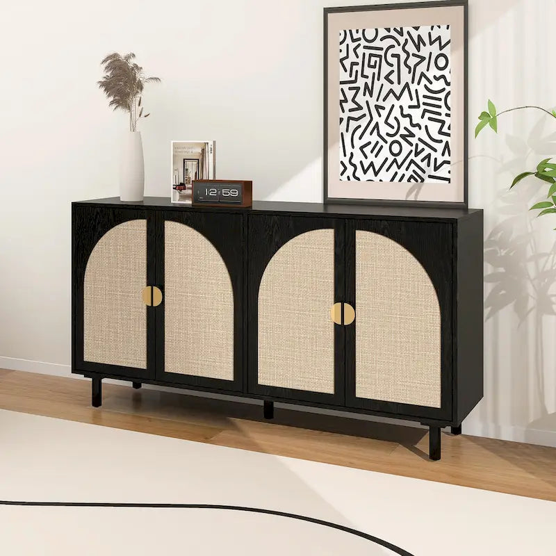 Armoire de rangement en rotin style bohème, pieds en pin naturel, étagères réglables, noir naturel