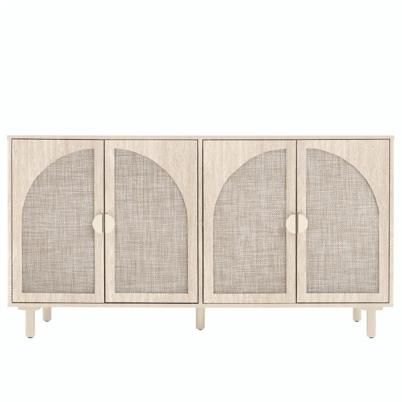 Armoire de rangement en rotin style bohème, pieds en pin naturel, étagères réglables, noir naturel