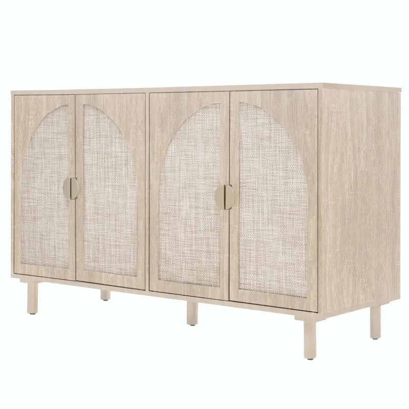 Armoire de rangement en rotin style bohème, pieds en pin naturel, étagères réglables, noir naturel