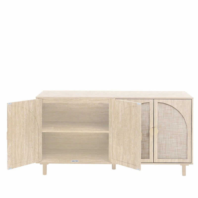 Armoire de rangement en rotin style bohème, pieds en pin naturel, étagères réglables, noir naturel