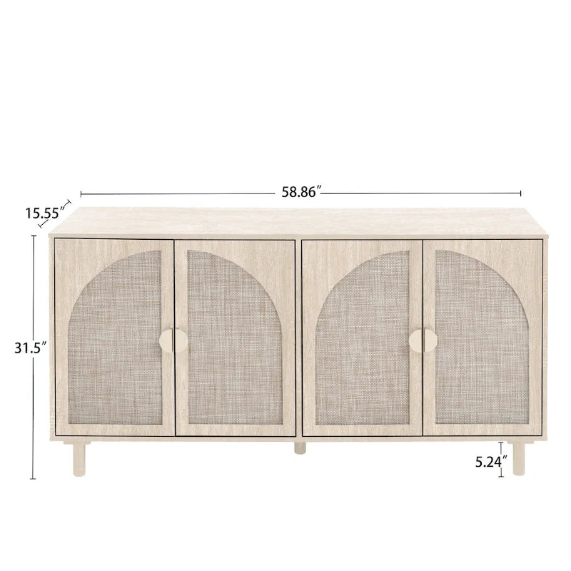 Armoire de rangement en rotin style bohème, pieds en pin naturel, étagères réglables, noir naturel