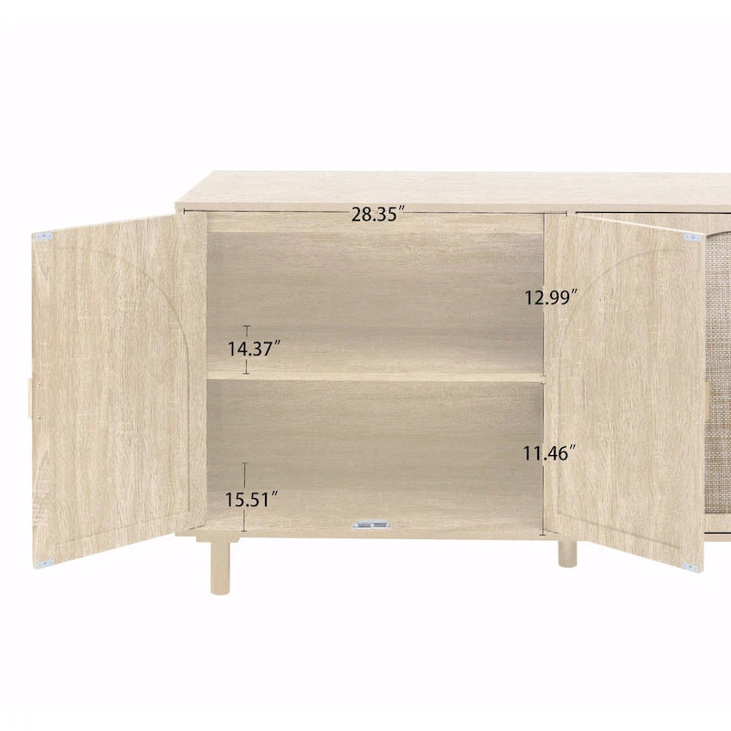 Armoire de rangement en rotin style bohème, pieds en pin naturel, étagères réglables, noir naturel