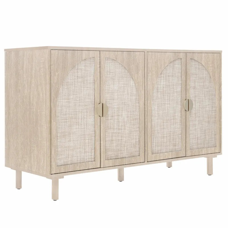 Armoire de rangement en rotin style bohème, pieds en pin naturel, étagères réglables, noir naturel